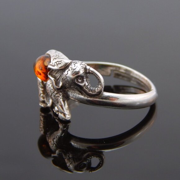 Natural Baltic Cognac Amber Adjustable Lucky Elephant Ring in S925 - Picture 3 of 5